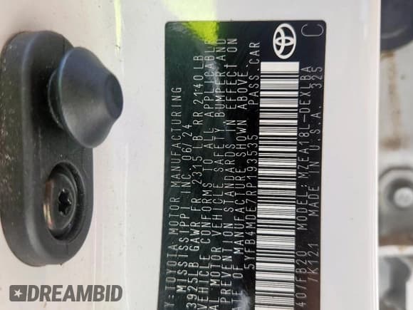 ✅ 2024 Toyota Corolla LE • VIN: 5YFB4MDE7RP193535 • Lot: 59383505. Listed on Copart with 24,354 mi. Free auction sales archive from the USA and detailed vehicle history report at DreamBid. Image 13.