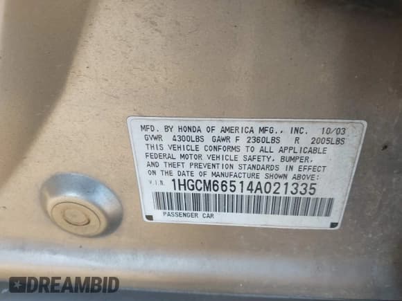 ✅ 2004 Honda Accord EX • VIN: 1HGCM66514A021335 • Lot: 43675947. Listed on IAAI with 157,076 mi. Free auction sales archive from the USA and detailed vehicle history report at DreamBid. Image 9.