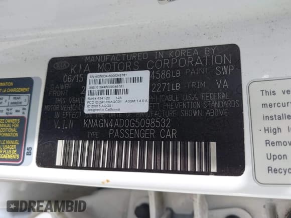 ✅ 2016 Kia Optima EX • VIN: KNAGN4AD0G5098532 • Lot: 42535769. Listed on IAAI with 151,210 mi. Free auction sales archive from the USA and detailed vehicle history report at DreamBid. Image 9.