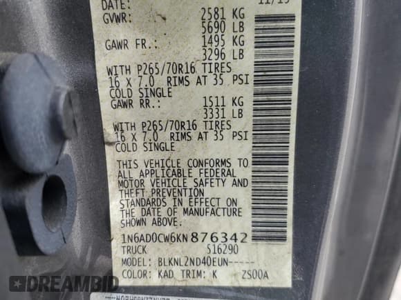 ✅ 2019 Nissan Frontier SV • VIN: 1N6AD0CW6KN876342 • Lot: 51821565. Listed on Copart with 39,101 mi. Free auction sales archive from the USA and detailed vehicle history report at DreamBid. Image 14.