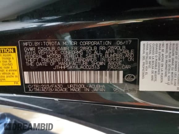 ✅ 2018 Lexus LC 500h • VIN: JTHHP5AY4JA002313 • Lot: 84261015. Listed on Copart with 165,934 mi. Free auction sales archive from the USA and detailed vehicle history report at DreamBid. Image 12.