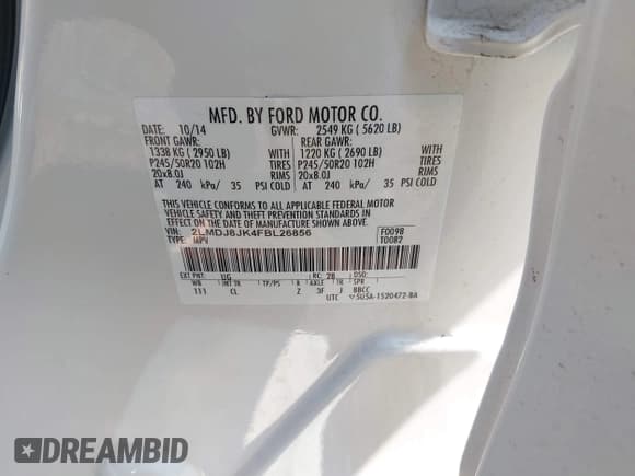 ✅ 2015 Lincoln MKX • VIN: 2LMDJ8JK4FBL26856 • Lot: 42657325. Listed on IAAI with 77,400 mi. Free auction sales archive from the USA and detailed vehicle history report at DreamBid. Image 9.