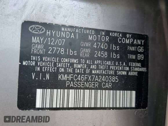 ✅ 2007 Hyundai Azera SE • VIN: KMHFC46FX7A240385 • Лот: 60710185. Размещён на Copart с пробегом 133 626 миль миль. Получите бесплатный доступ к архиву аукционных продаж из США и посмотрите подробный отчёт об истории автомобиля на DreamBid. Изображение 12.