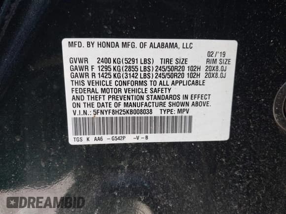 ✅ 2019 Honda Passport Sport • VIN: 5FNYF8H25KB008038 • Lot: 41587557. Listed on IAAI with 66,731 mi. Free auction sales archive from the USA and detailed vehicle history report at DreamBid. Image 9.
