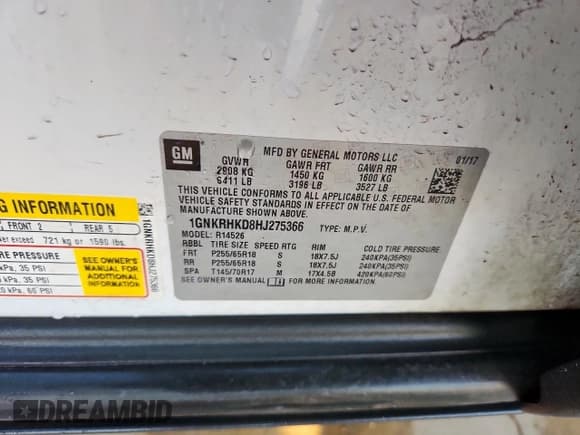 ✅ 2017 Chevrolet Traverse LT • VIN: 1GNKRHKD8HJ275366 • Лот: 85379355. Опубликован ранее на Copart с пробегом 159 637 миль. Бесплатный доступ к архиву аукционных продаж из США и подробный отчёт об истории автомобиля на DreamBid. Изображение 13.