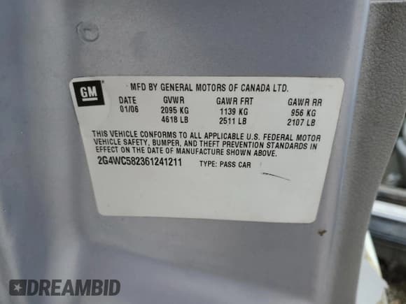 ✅ 2006 Buick LaCrosse CX • VIN: 2G4WC582361241211 • Lot: 92286265. Listed on Copart with Not provided. Free auction sales archive from the USA and detailed vehicle history report at DreamBid. Image 12.