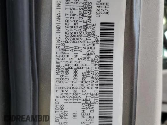 ✅ 2003 Toyota Sequoia SR5 • VIN: 5TDBT44A83S193249 • Лот: 80367755. Опубликован ранее на Copart с пробегом 115 579 миль. Бесплатный доступ к архиву аукционных продаж из США и подробный отчёт об истории автомобиля на DreamBid. Изображение 13.