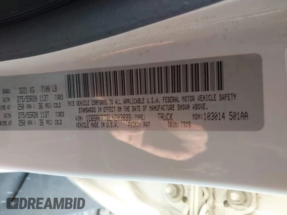 ✅ 2020 Ram 1500 Big Horn • VIN: 1C6SRFFT6LN203833 • Lot: 43656337. Listed on IAAI with 66,416 mi. Free auction sales archive from the USA and detailed vehicle history report at DreamBid. Image 9.