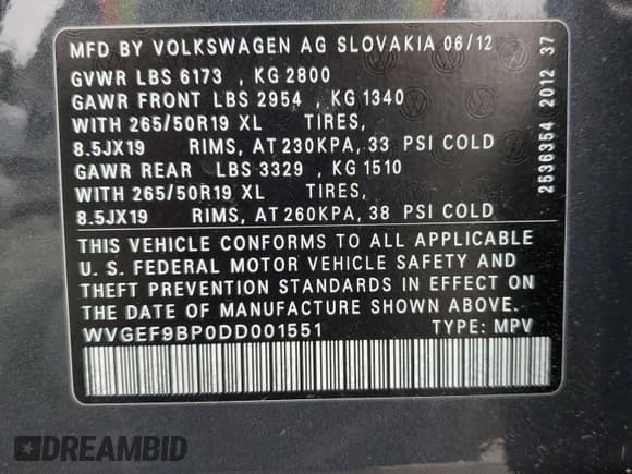 ✅ 2013 Volkswagen Touareg Lux • VIN: WVGEF9BP0DD001551 • Lot: 59818225. Listed on Copart with 171,653 mi. Free auction sales archive from the USA and detailed vehicle history report at DreamBid. Image 13.