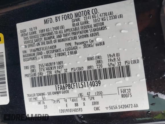 ✅ 2020 Ford Mustang GT • VIN: 1FA6P8CF1L5114039 • Lot: 43019457. Listed on IAAI with 49,838 mi. Free auction sales archive from the USA and detailed vehicle history report at DreamBid. Image 9.