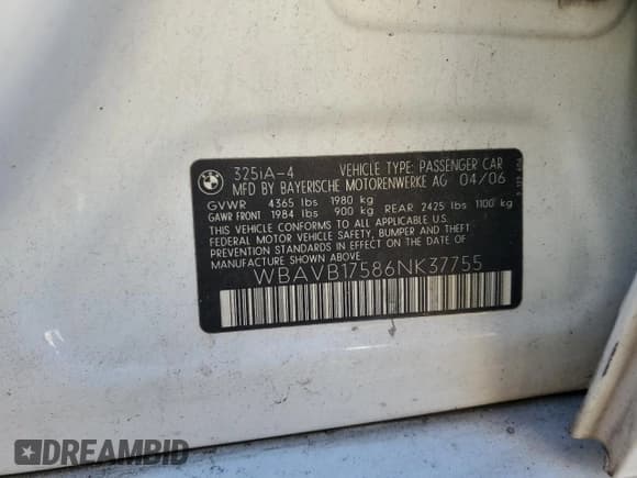 ✅ 2006 BMW 3 Series 325i • VIN: WBAVB17586NK37755 • Lot: 86674375. Wystawiony na Copart z przebiegiem 239 489 mil. Bezpłatny archiwum sprzedaży aukcyjnych z USA i szczegółowy raport historii pojazdu na DreamBid. Zdjęcie 12.