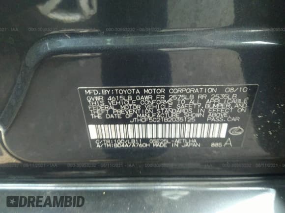 ✅ 2011 Lexus IS 250 • VIN: JTHCF5C21B2035125 • Lot: 30953232. Listed on IAAI with 169,997 mi. Free auction sales archive from the USA and detailed vehicle history report at DreamBid. Image 9.