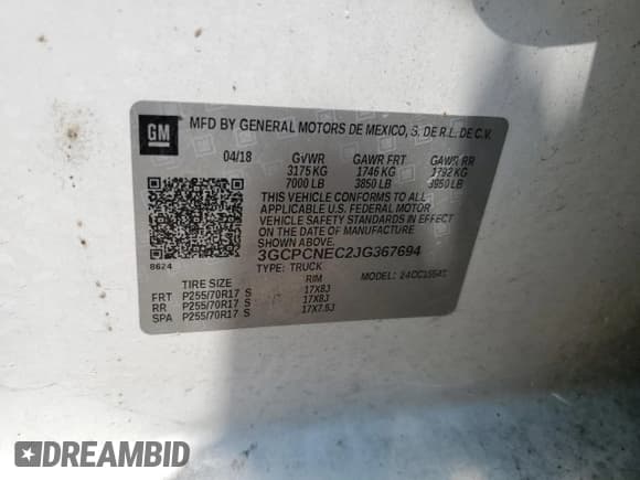 ✅ 2018 Chevrolet Silverado 1500 Work Truck • VIN: 3GCPCNEC2JG367694 • Lot: 66895004. Listed on Copart with 175,652 mi. Free auction sales archive from the USA and detailed vehicle history report at DreamBid. Image 12.