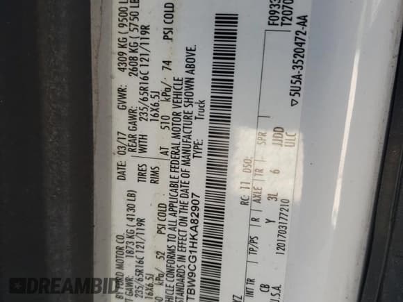 ✅ 2017 Ford Transit • VIN: 1FTBW9CG1HKA82907 • Lot: 69788365. Listed on Copart with Not provided. Free auction sales archive from the USA and detailed vehicle history report at DreamBid. Image 13.