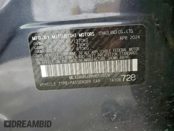 ✅ 2024 Mitsubishi Mirage ES • VIN: ML32AUHJ2RH011559 • Lot: 95327605. Listed on Copart with 23,400 mi. Free auction sales archive from the USA and detailed vehicle history report at DreamBid. Image 12.