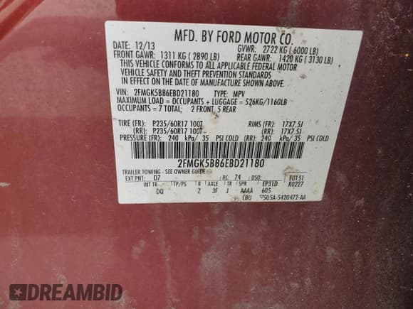 ✅ 2014 Ford Flex SE • VIN: 2FMGK5B86EBD21180 • Lot: 56987085. Listed on Copart with 168,940 mi. Free auction sales archive from the USA and detailed vehicle history report at DreamBid. Image 13.