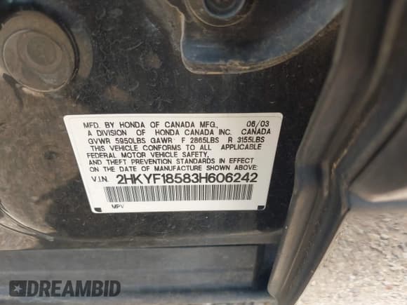 ✅ 2003 Honda Pilot EX • VIN: 2HKYF18583H606242 • Lot: 42583119. Listed on IAAI with 221,871 mi. Free auction sales archive from the USA and detailed vehicle history report at DreamBid. Image 9.