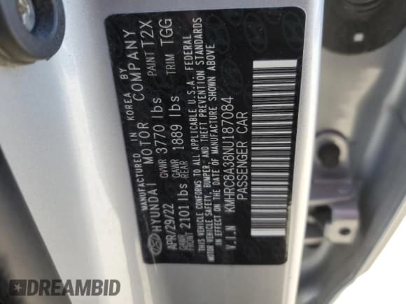 ✅ 2022 Hyundai Venue Limited • VIN: KMHRC8A38NU187084 • Lot: 80622684. Listed on Copart with 57,600 mi. Free auction sales archive from the USA and detailed vehicle history report at DreamBid. Image 13.