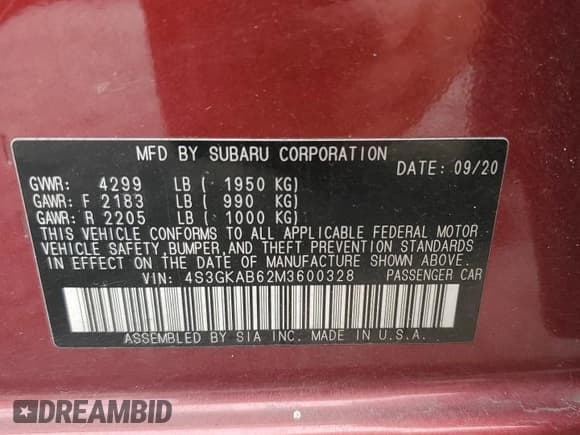 ✅ 2021 Subaru Impreza • VIN: 4S3GKAB62M3600328 • Lot: 84447805. Listed on Copart with 45,828 mi. Free auction sales archive from the USA and detailed vehicle history report at DreamBid. Image 12.