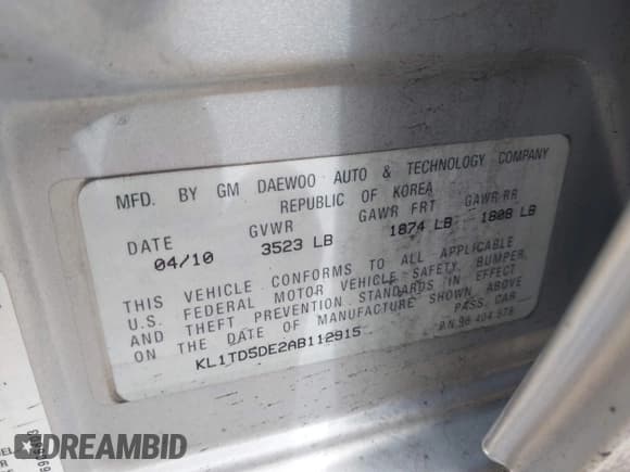 ✅ 2010 Chevrolet Aveo 1LT • VIN: KL1TD5DE2AB112915 • Lot: 43027992. Listed on IAAI with 122,569 mi. Free auction sales archive from the USA and detailed vehicle history report at DreamBid. Image 9.