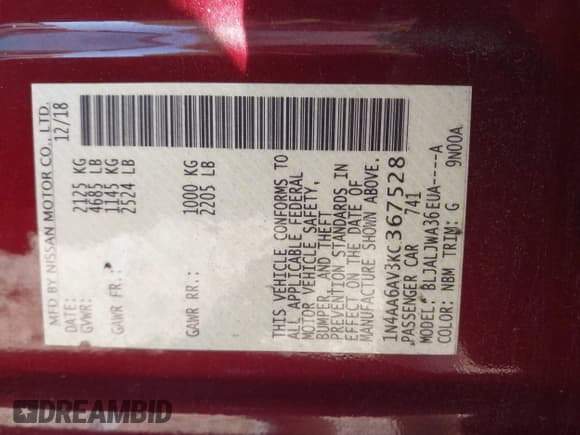 ✅ 2019 Nissan Maxima SL • VIN: 1N4AA6AV3KC367528 • Lot: 43535880. Listed on IAAI with 118,744 mi. Free auction sales archive from the USA and detailed vehicle history report at DreamBid. Image 9.