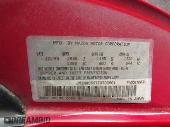 ✅ 1996 Mazda MX-5 Miata • VIN: JM1NA3537T0706801 • Lot: 43882776. Listed on IAAI with 269,344 mi. Free auction sales archive from the USA and detailed vehicle history report at DreamBid. Image 9.