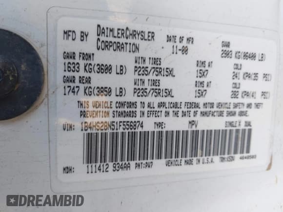 ✅ 2001 Dodge Durango • VIN: 1B4HS28N51F556874 • Лот: 43502572. Опубликован ранее на IAAI с пробегом 194 377 миль. Бесплатный доступ к архиву аукционных продаж из США и подробный отчёт об истории автомобиля на DreamBid. Изображение 9.