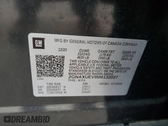 2021 Chevrolet Equinox LT with VIN 2GNAXUEV9M6132027, listed as a Copart auction lot 82780455 with 35,471 mi miles and Salvage title. Bid and sale history available at DreamBid. Image 13.