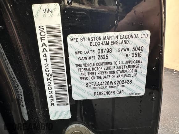 ✅ 1998 Aston Martin DB7 • VIN: SCFAA4126WK202428 • Лот: 79806024. Опубликован ранее на Copart с пробегом 41 266 миль. Бесплатный доступ к архиву аукционных продаж из США и подробный отчёт об истории автомобиля на DreamBid. Изображение 10.