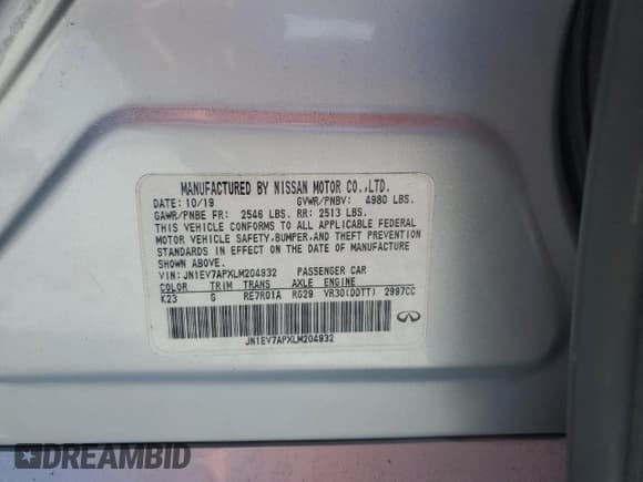 ✅ 2020 Infiniti Q50 Pure • VIN: JN1EV7APXLM204932 • Lot: 52923515. Listed on Copart with 45,194 mi. Free auction sales archive from the USA and detailed vehicle history report at DreamBid. Image 14.