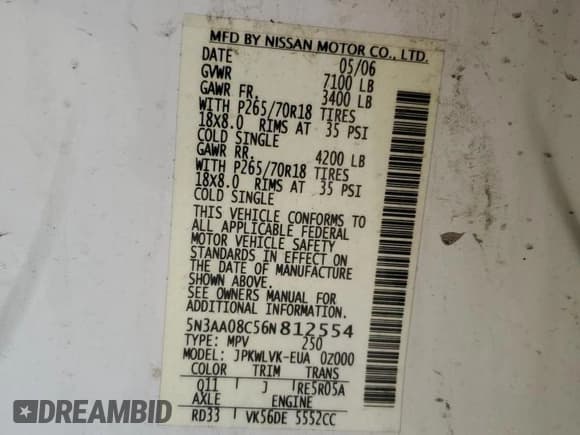 ✅ 2006 Infiniti QX56 • VIN: 5N3AA08C56N812554 • Lot: 54213945. Listed on Copart with 213,894 mi. Free auction sales archive from the USA and detailed vehicle history report at DreamBid. Image 13.