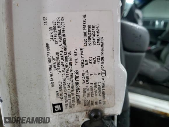 ✅ 2002 Chevrolet Blazer LS • VIN: 1GNDT13W52K178189 • Lot: 58967695. Wystawiony na Copart z przebiegiem 237 144 mil. Bezpłatny archiwum sprzedaży aukcyjnych z USA i szczegółowy raport historii pojazdu na DreamBid. Zdjęcie 14.