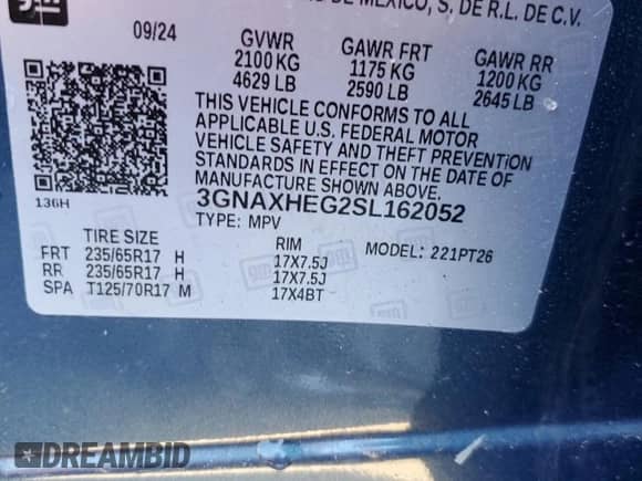 2025 Chevrolet Equinox FWD LT with VIN 3GNAXHEG2SL162052, listed as a Copart auction lot 47305735 with 1,038 mi miles and Salvage title. Bid and sale history available at DreamBid. Image 13.