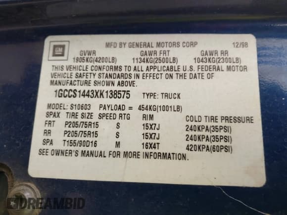 ✅ 1999 Chevrolet S-10 LS • VIN: 1GCCS1443XK138575 • Лот: 43653295. Опубликован ранее на IAAI с пробегом 139 489 миль. Бесплатный доступ к архиву аукционных продаж из США и подробный отчёт об истории автомобиля на DreamBid. Изображение 9.