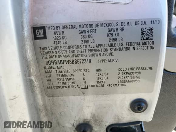 2011 Chevrolet HHR 1LT с VIN 3GNBABFW8BS572319, выставлен на аукционе Copart как лот 74753894 с пробегом 307 810 миль миль и Списание • Salvage title. История ставок и продаж доступна на DreamBid. Изображение 13.