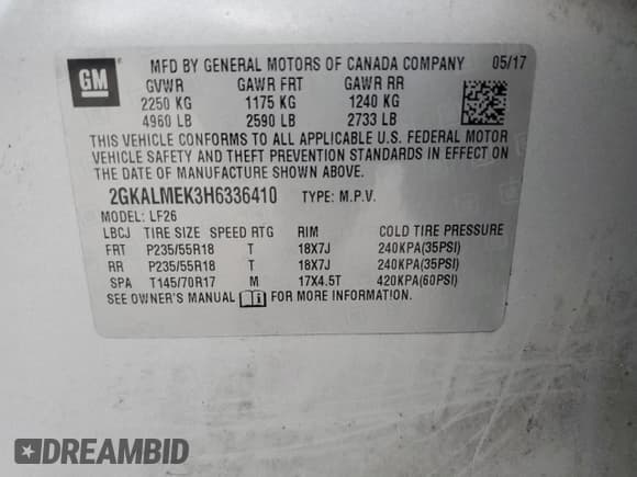 ✅ 2017 GMC Terrain SLE • VIN: 2GKALMEK3H6336410 • Lot: 91788755. Listed on Copart with 130,013 mi. Free auction sales archive from the USA and detailed vehicle history report at DreamBid. Image 13.