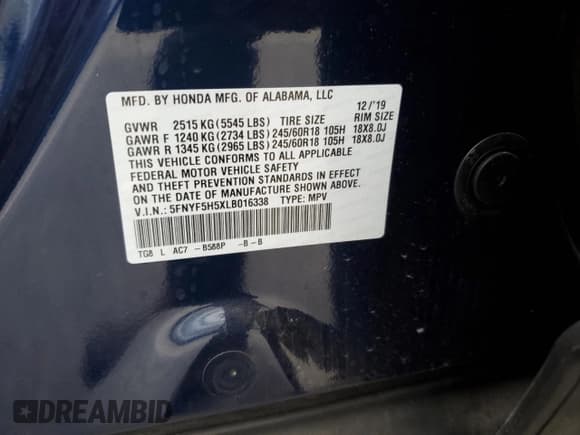 ✅ 2020 Honda Pilot EX-L • VIN: 5FNYF5H5XLB016338 • Лот: 93131025. Опубликован ранее на Copart с пробегом 52 596 миль. Бесплатный доступ к архиву аукционных продаж из США и подробный отчёт об истории автомобиля на DreamBid. Изображение 13.