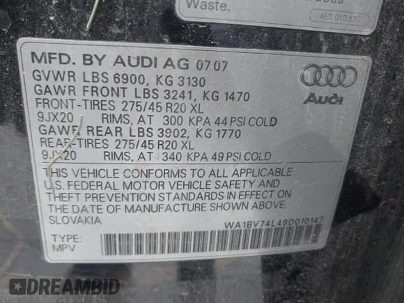✅ 2008 Audi Q7 Premium • VIN: WA1BV74L48D010147 • Lot: 42063353. Wystawiony na IAAI z przebiegiem 214 409 mil. Bezpłatny archiwum sprzedaży aukcyjnych z USA i szczegółowy raport historii pojazdu na DreamBid. Zdjęcie 9.