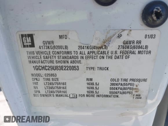 ✅ 2003 Chevrolet Silverado 2500HD LS • VIN: 1GCHC29U83E220053 • Lot: 42383404. Listed on IAAI with Not provided. Free auction sales archive from the USA and detailed vehicle history report at DreamBid. Image 9.