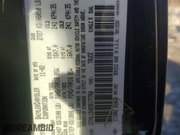 ✅ 2003 Dodge Dakota • VIN: 1D7HL12X63S177760 • Lot: 80877764. Listed on Copart with Not provided miles. Access the free auction sales archive from the USA and view a detailed vehicle history report at DreamBid. Image 12.