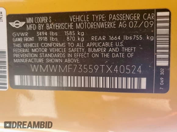 ✅ 2009 MINI Hardtop S • VIN: WMWMF73559TX40524 • Лот: 59717085. Опубликован ранее на Copart с пробегом Не указан. Бесплатный доступ к архиву аукционных продаж из США и подробный отчёт об истории автомобиля на DreamBid. Изображение 12.