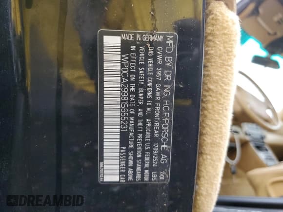 ✅ 2001 Porsche 911 • VIN: WP0CA29981S655231 • Lot: 90517865. Listed on Copart with 75,881 mi. Free auction sales archive from the USA and detailed vehicle history report at DreamBid. Image 12.