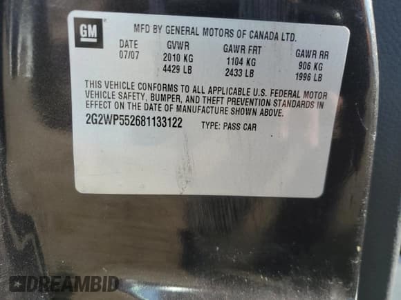 ✅ 2008 Pontiac Grand Prix • VIN: 2G2WP552681133122 • Лот: 90487815. Опубликован ранее на Copart с пробегом 141 268 миль. Бесплатный доступ к архиву аукционных продаж из США и подробный отчёт об истории автомобиля на DreamBid. Изображение 12.