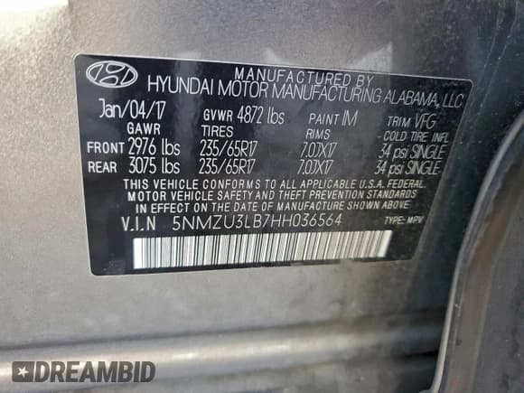 ✅ 2017 Hyundai Santa Fe 2.4L • VIN: 5NMZU3LB7HH036564 • Lot: 94160595. Listed on Copart with 140,723 mi. Free auction sales archive from the USA and detailed vehicle history report at DreamBid. Image 13.