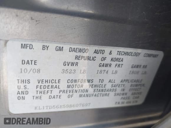 ✅ 2009 Chevrolet Aveo 1LT • VIN: KL1TD56E59B607697 • Lot: 43081845. Listed on IAAI with 65,179 mi. Free auction sales archive from the USA and detailed vehicle history report at DreamBid. Image 9.