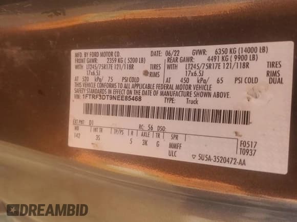 ✅ 2022 Ford F-350 XL • VIN: 1FTRF3DT9NEE85468 • Lot: 69014814. Listed on Copart with 64,757 mi. Free auction sales archive from the USA and detailed vehicle history report at DreamBid. Image 13.