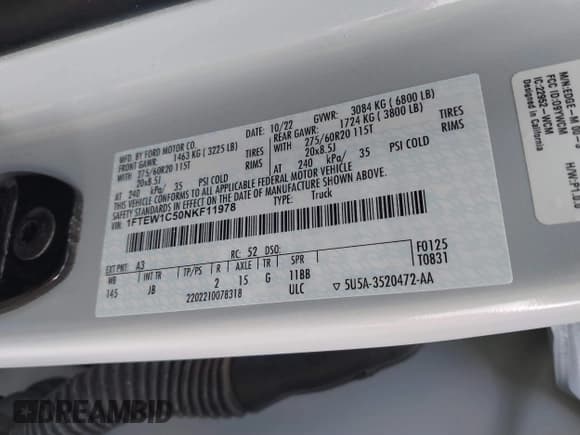 ✅ 2022 Ford F-150 XL • VIN: 1FTEW1C50NKF11978 • Лот: 41153258. Опубликован ранее на IAAI с пробегом 57 603 миль. Бесплатный доступ к архиву аукционных продаж из США и подробный отчёт об истории автомобиля на DreamBid. Изображение 9.