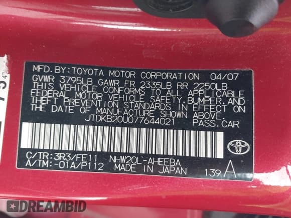 ✅ 2007 Toyota Prius Touring • VIN: JTDKB20U077644021 • Lot: 43627471. Listed on IAAI with 178,606 mi. Free auction sales archive from the USA and detailed vehicle history report at DreamBid. Image 9.