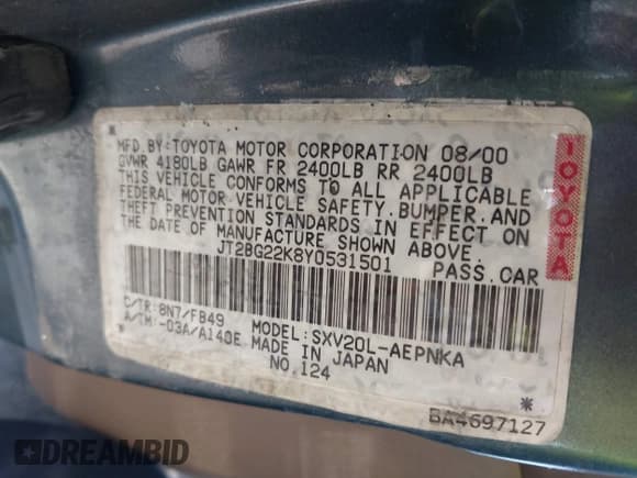 ✅ 2000 Toyota Camry CE • VIN: JT2BG22K8Y0531501 • Lot: 43131269. Listed on IAAI with 178,351 mi. Free auction sales archive from the USA and detailed vehicle history report at DreamBid. Image 9.