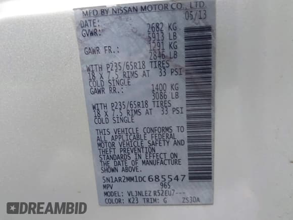 ✅ 2013 Nissan Pathfinder SV • VIN: 5N1AR2MM1DC685547 • Lot: 43716578. Listed on IAAI with 169,661 mi. Free auction sales archive from the USA and detailed vehicle history report at DreamBid. Image 9.